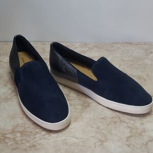 Birdies Navy Blue Slip-On Sneakers with Metallic Black Heel Size 9.5